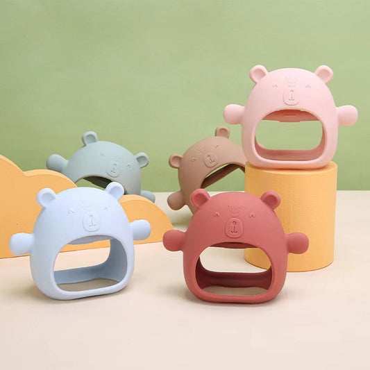 Bear hand protection teether chewing fun baby soothing toy baby teething stick boilable silicone anti-sucking hand artifact